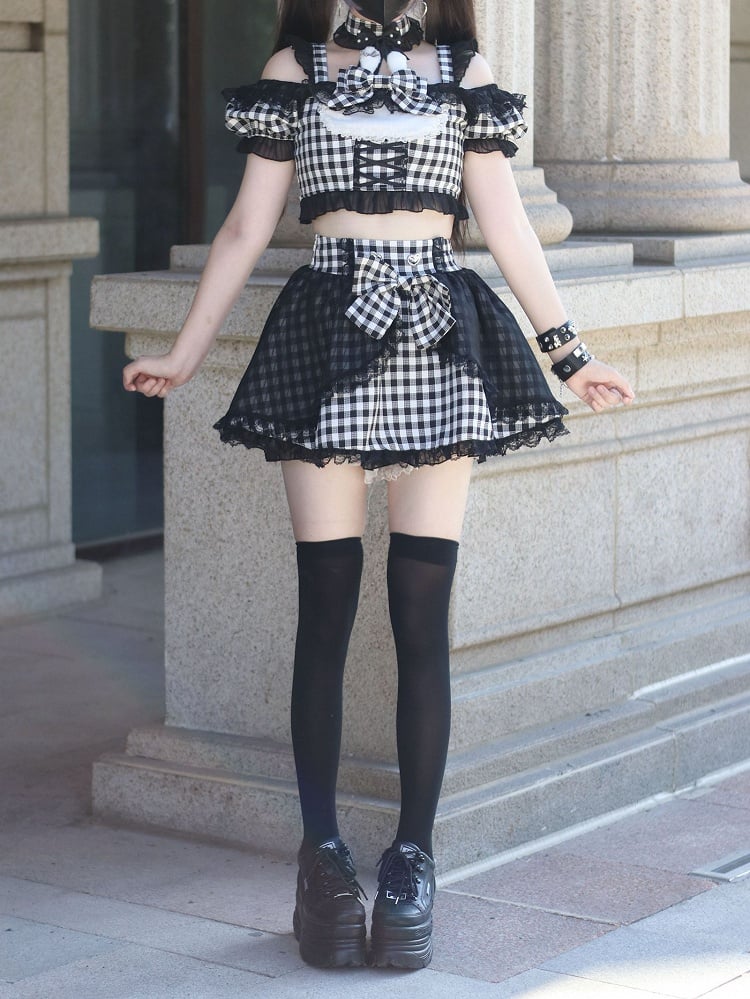 Off-the-shoulder Choker Bowknot+ Design Bunny Waist Plaid Idol High Neckline Skirt+ Set- Ears + Top Jirai Kei Black