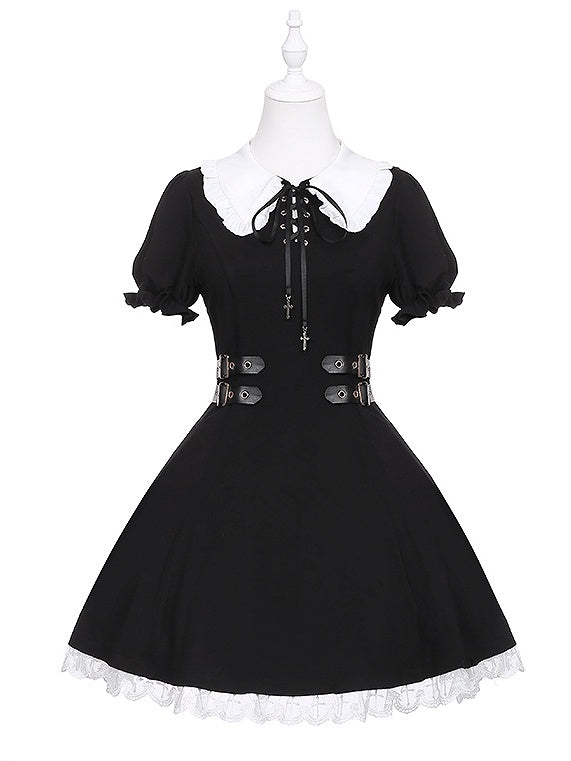 Robe noire Jirai Kei à manches détachables et bretelles à boucle à la taille, style mines terrestres