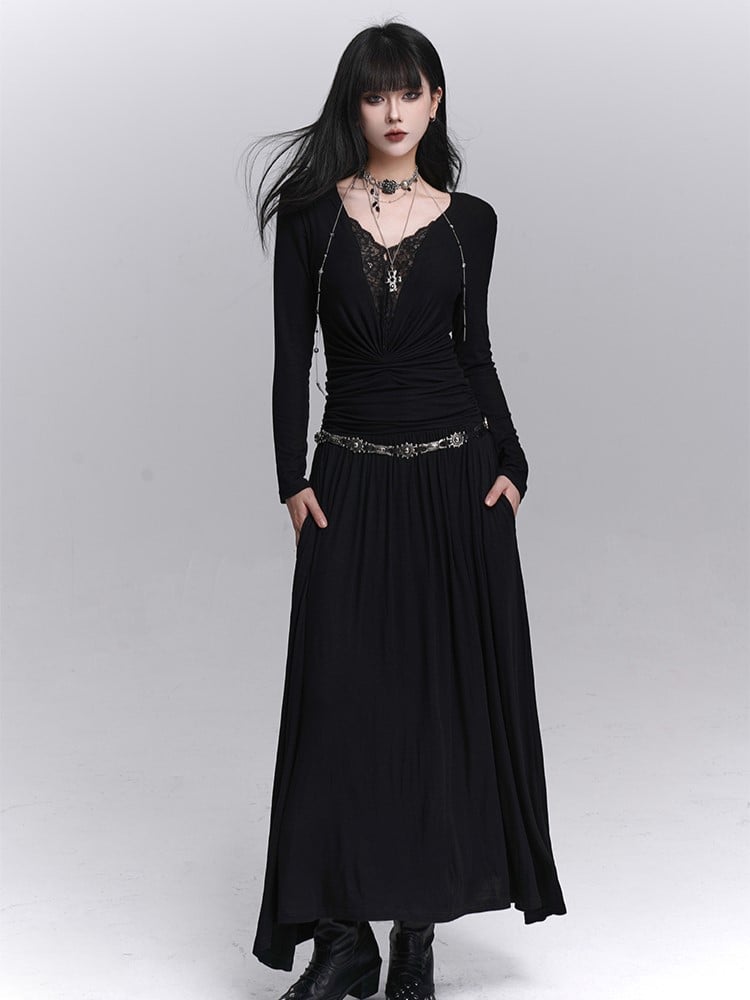 Gerüschte Details, V-Ausschnitt mit Spitze, schwarze Schultern, Maxi-Gothic-Kleid, gepolstert