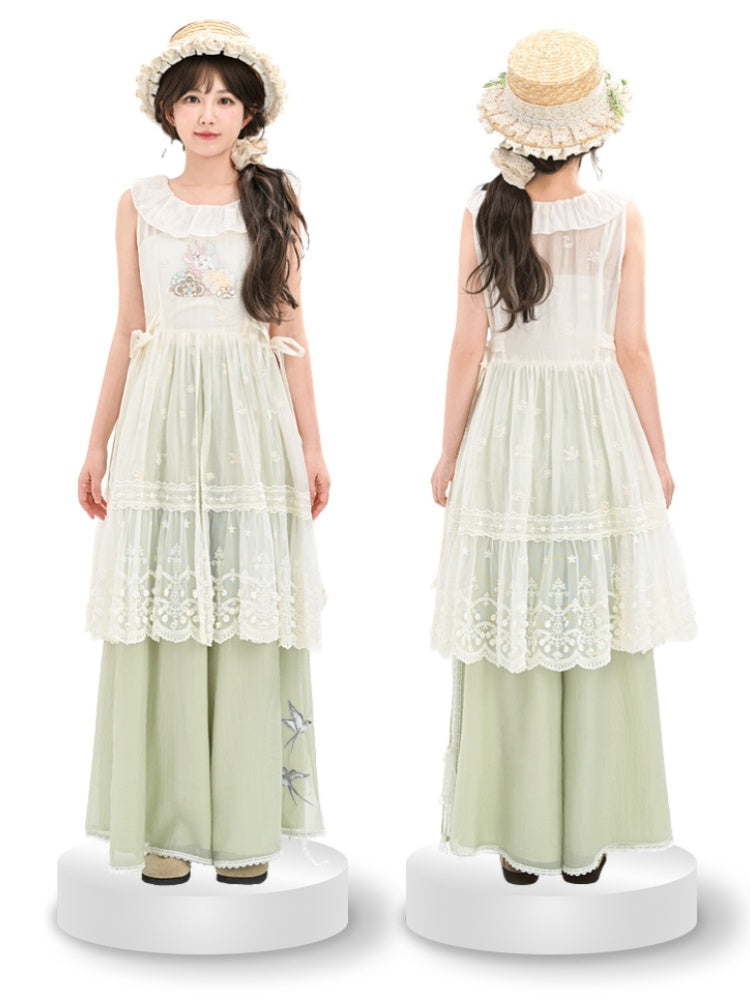 Side Self-tie Fawn Embroidery Chiffon Overdress Neckline with White Semi-Sheer Ruffle Straps