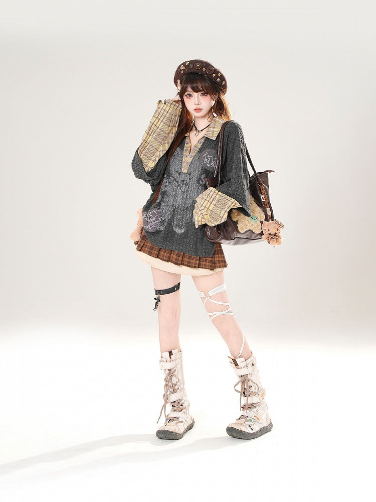 Dark Gray V-Neck Top with Bear Print and Plaid Patchwork Knit