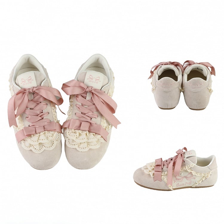 Trim Lolita Front Sneakers Schnür-Balletcore Süße rosa Spitzenbänder