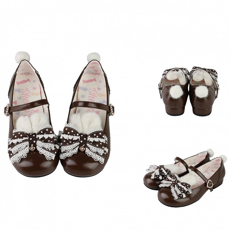 Lolita Bunny Schuhe Pom Mary Jane Braun Süß mit Ohren Schwanz