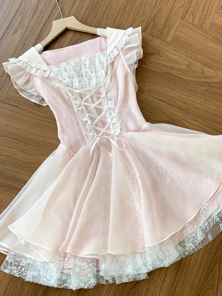 Trim Dress Flutter Sleeves Balletcore Pink Lace-up Waist Lace