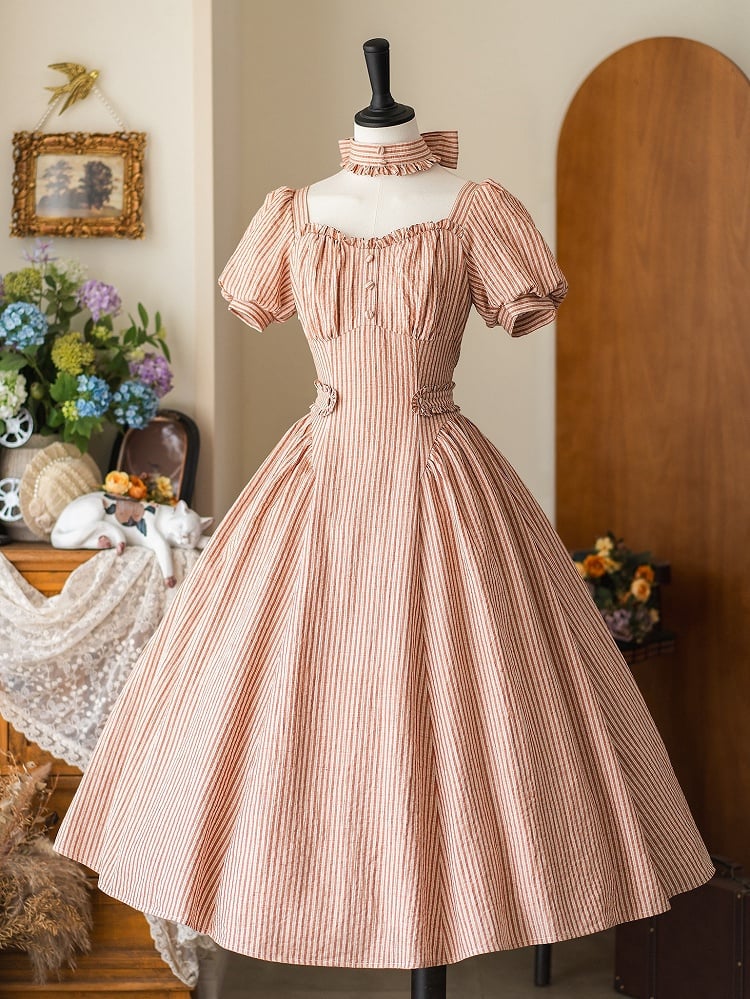Fabric Puff Square Sleeves Orange Vintage Retro Striped Neckline Dress Fashion