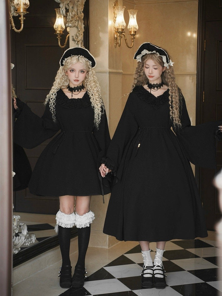 ドレス フリルバージョン ブラック ワロング Vネック ロリータスリーブ