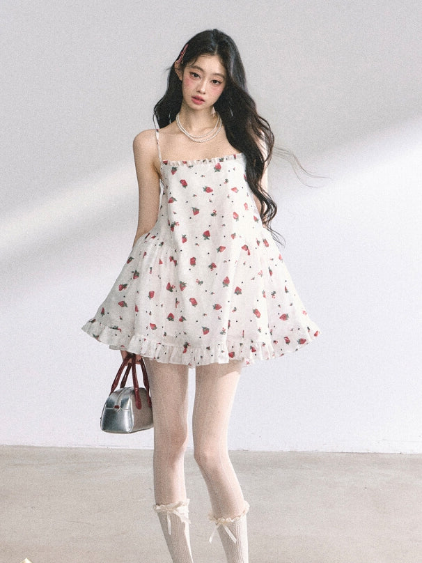 Print Mini Neck Sweet Strawberry Cami Dress White Square