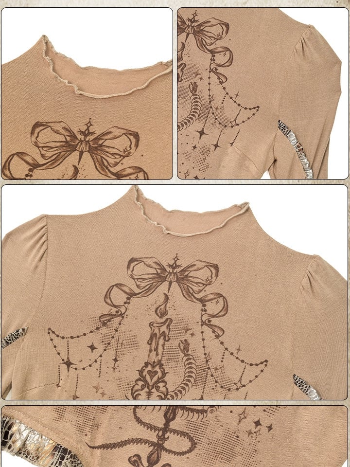 Sleeves Top Print Snakeskin Bell Pattern Design Wasteland Brown Punk