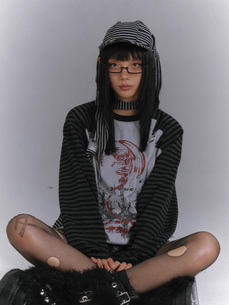 and Colorblock Long Sleeves Striped with Black and Gray Top Punk Print Design