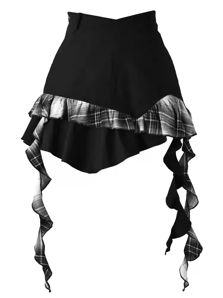 Black Plaid Asymmetrical Ruffled Hem Skirt