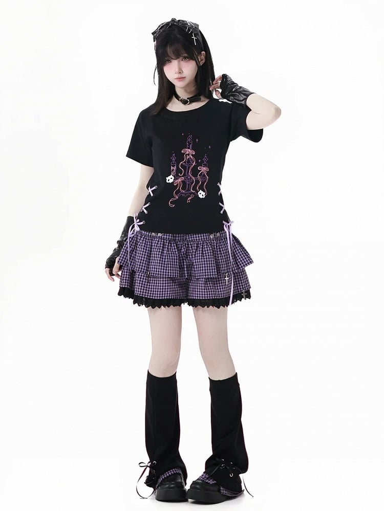 Y2K Purple Elastic Waist Lace Trim Plaid Skort