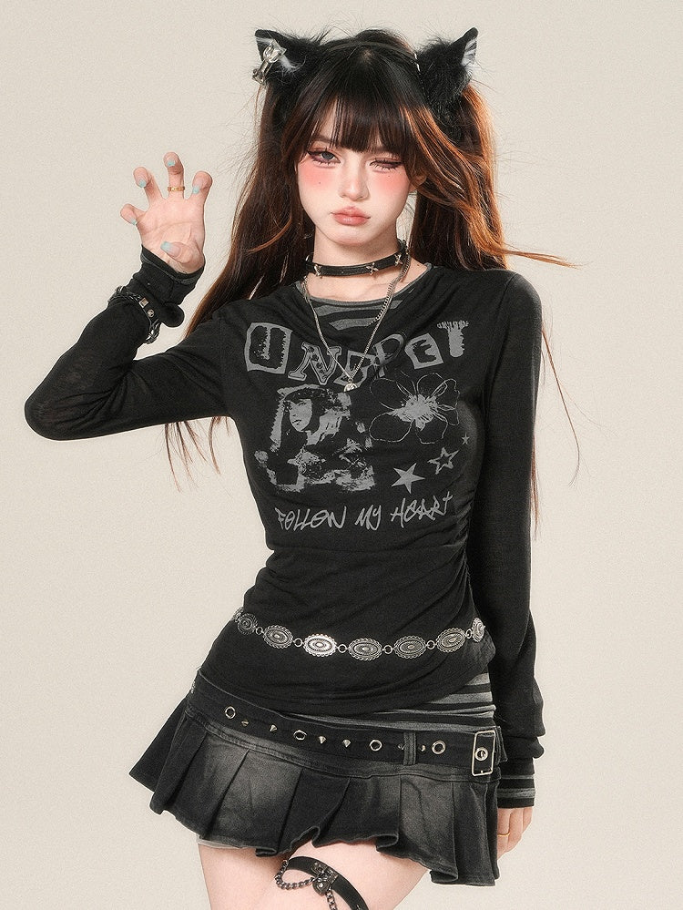 Print Letter Long Black Sleeves And Bittersweet Top Cartoon