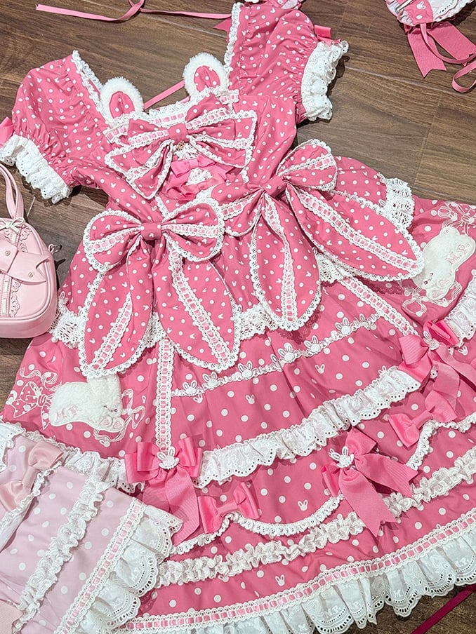 Dress Bunny Sweet Polka Dots Gorgeous Plush Ears Neckline Pink Dark Lolita Pattern Version