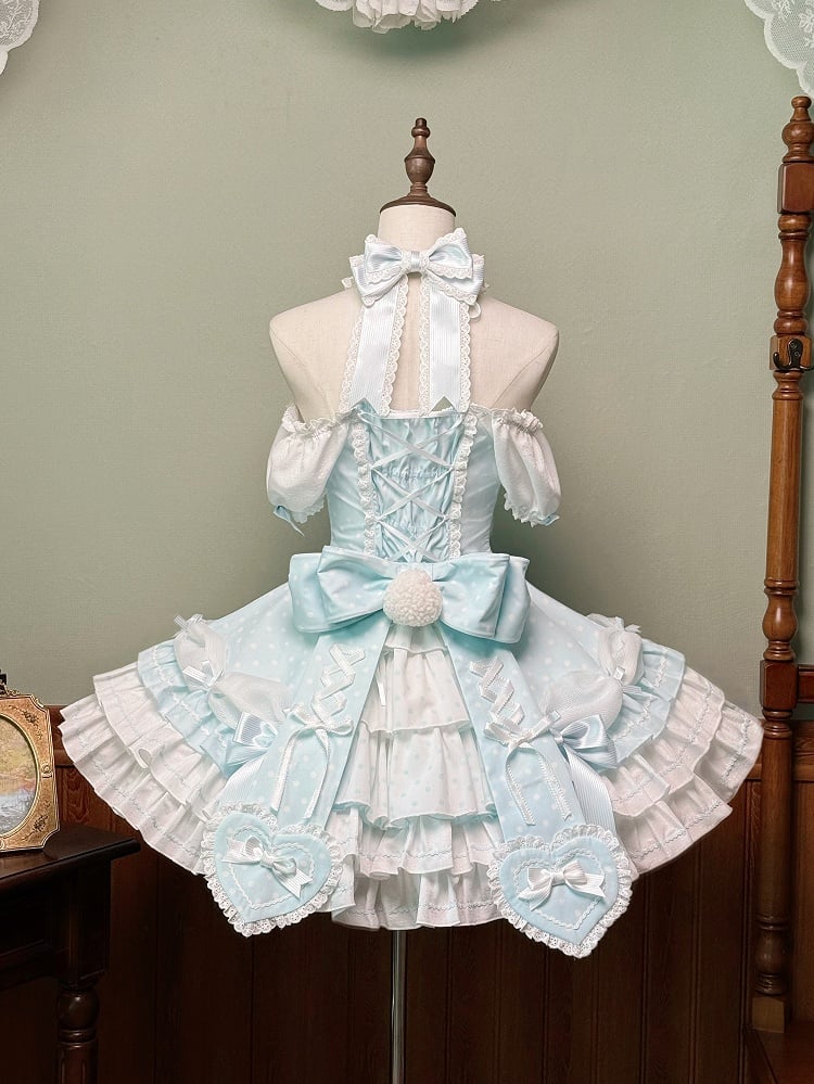 Gepunktetes blaues Lolita-Kleid mit altem Neckholder und Schulärmeln, vielseitiges Polka-Kleid mit Puffärmeln