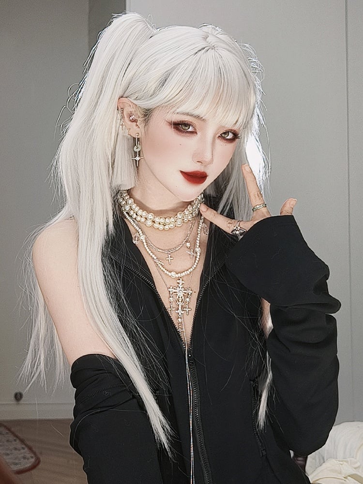 Perruque synthétique longue et lisse coupe Hime blanche