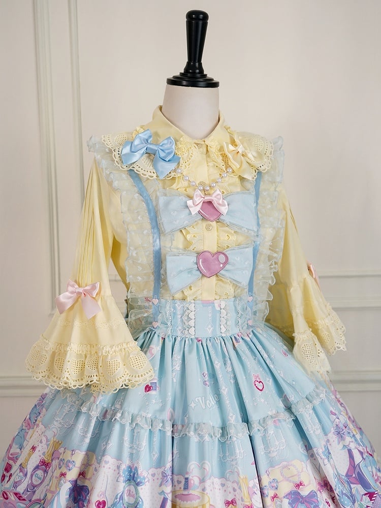 Gelbe Baumwollbluse mit rundem, flachem Kragen und Glockenärmeln