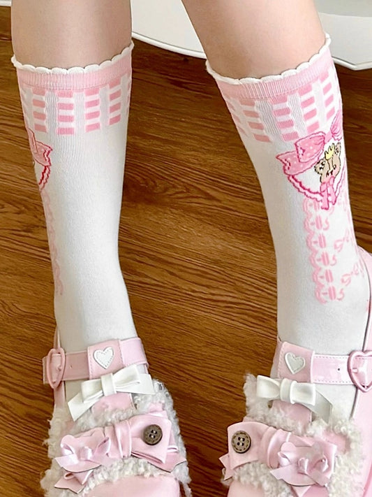 Bear Lolita Socks Pink Print Pattern Calf White Bowknot