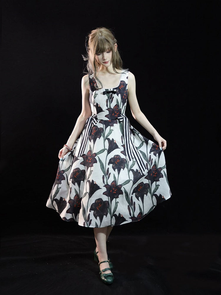 with Lily Lolita Accents White Print Ribbon Striped Black Dress