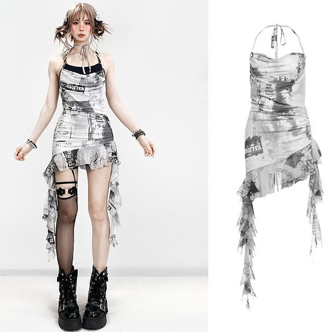 Dye Tie Design + Plaid Cami Pattern Dress Top Neck Asymmetrical Skirt Detail White Black Hem Halter Spiderweb