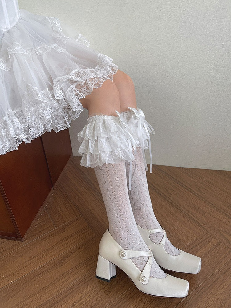 Bowknot Trims White/Black Print Underknee Stockings Lace Ruffle Heart