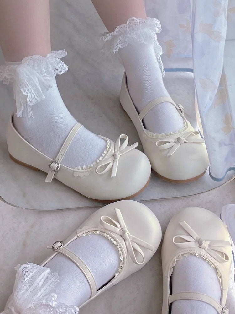 Lolita Beige mit matten Schuhen Schleife Flache runde geknotete Spitze