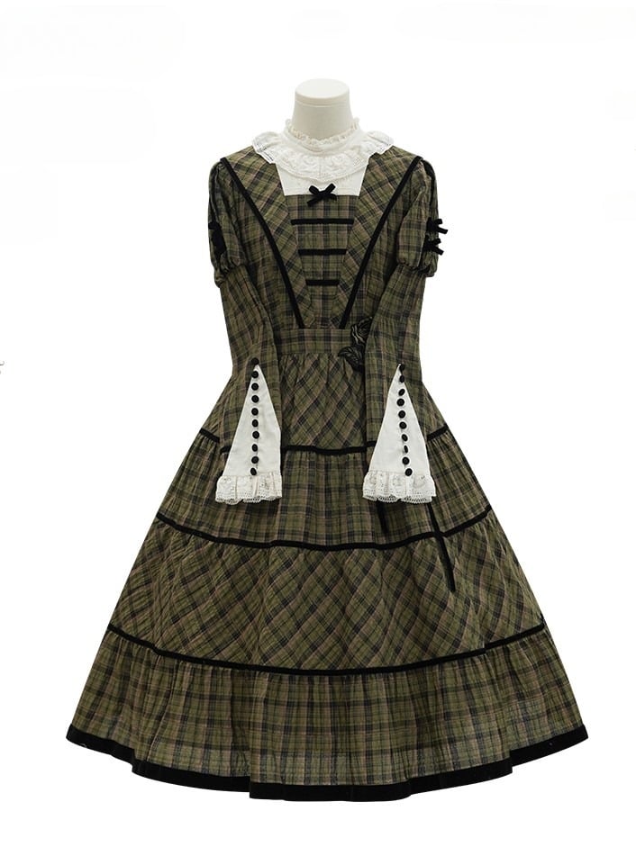 with Sleeves Elegant Classic Plaid Dress and Black Long Neckline Green Piping Lace Lolita