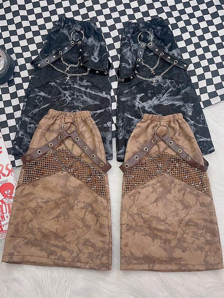 Beinwärmer, schwarz/braun, Design: Kreuz, Ödland, Punk, Tie-Dye-Charme