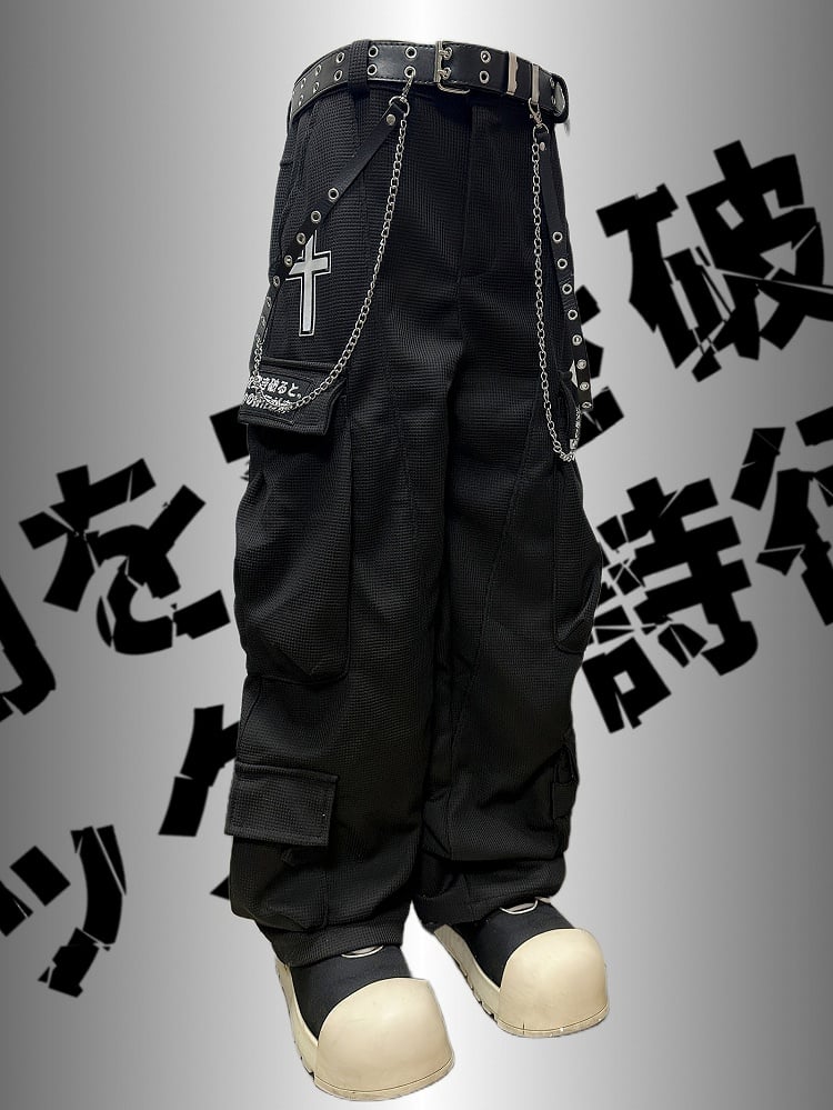 Applikation Schwarz Punk Weites Bein Cargo Kreuz Verziert Rock Taschen Hose Brief Und