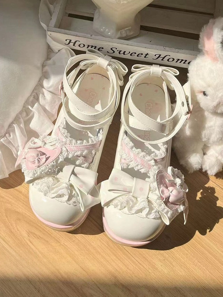 Riemen weiß mit Details Design Candy Lace Schuhe Schleife süß und rosa Lolita Herz Schuh Runde Zehen Clip gerüscht - überkreuzt