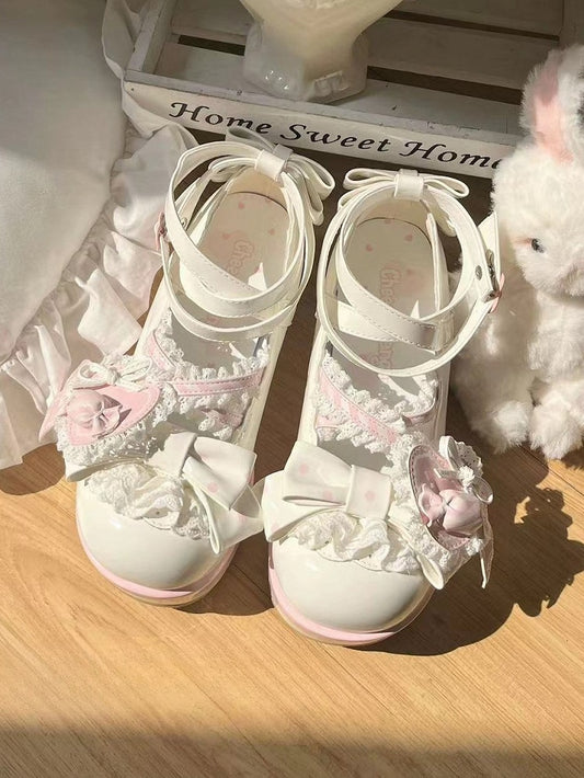 Riemen weiß mit Details Design Candy Lace Schuhe Schleife süß und rosa Lolita Herz Schuh Runde Zehen Clip gerüscht - überkreuzt