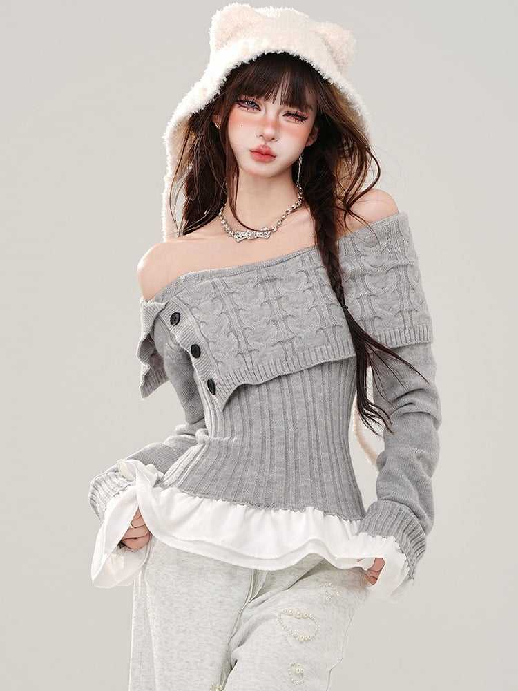 Grau/Marineblauer, schulterfreier Pullover mit schmaler Passform, Saum und Bündchen im Patchwork-Stil
