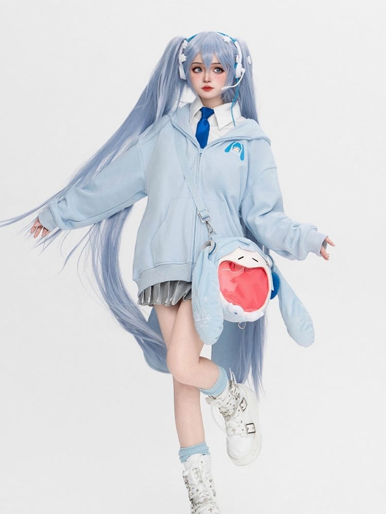 Full Set: Ears Snow + Tie Oversized Blue Hoodie + Socks + Skirt + Bunny Shirt