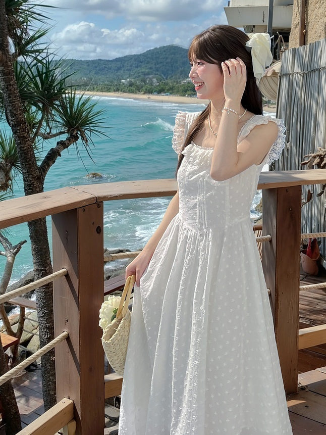 Elegant White Square Neck Flutter Sleeves Lace Sleeveless Self-tie Bow with Dress