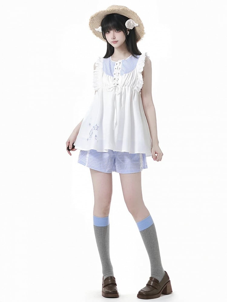 Flutter Sleeves Top and Plaid Seashell and Starfish Embroidery White Blue Front Lace-up