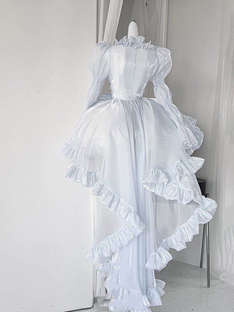 Ruffles Long Top Sleeves Sheer Cascading Hem Blue