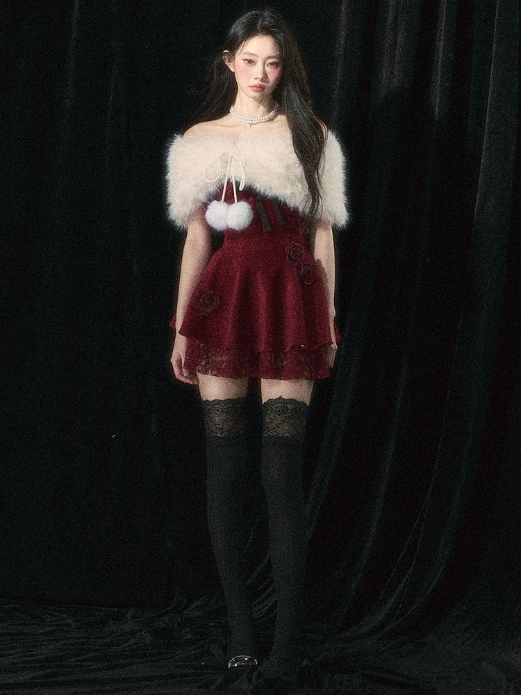 Roses Embellishments Christmas Wine Red Strapless Dress with Plush Shawl Set