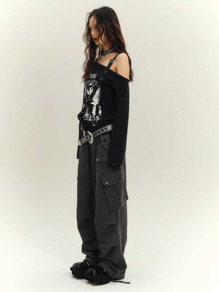 Cutout Shoulder Top Y2K Punk Black Asymmetrical