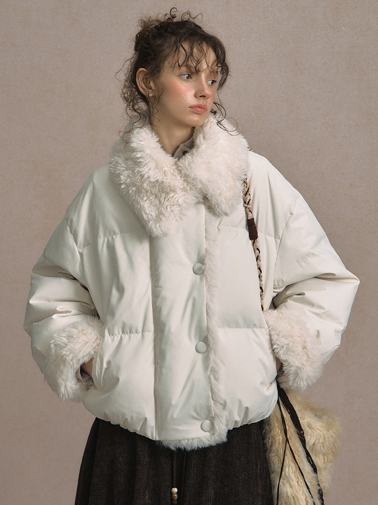 Beige/Brown Short Puffer Jacket with Faux Fur Trim and White Duck Down Filling