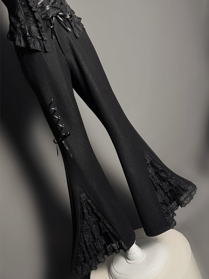 Tiered Patches Pants Lace Flared Cuffs Black