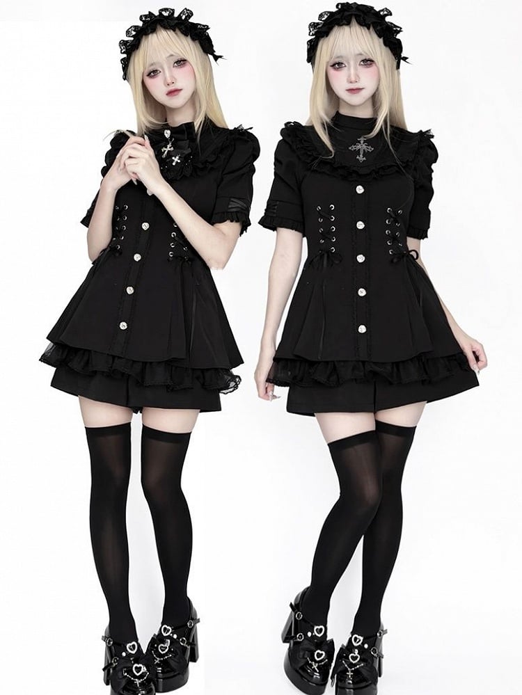 Kei Jirai All-Black Dress Tie Bow Sleeve Short Bib with Detachable Set