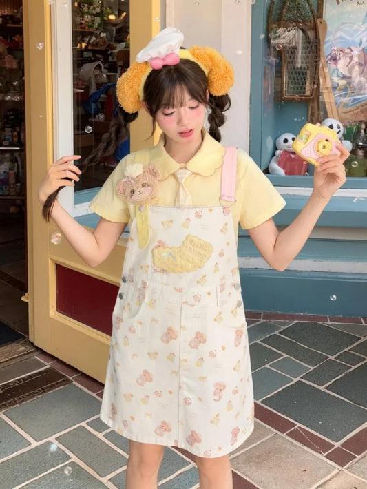 Bear Embroidery Applique White Plushie Cookie with Print Allover Overall Skirt