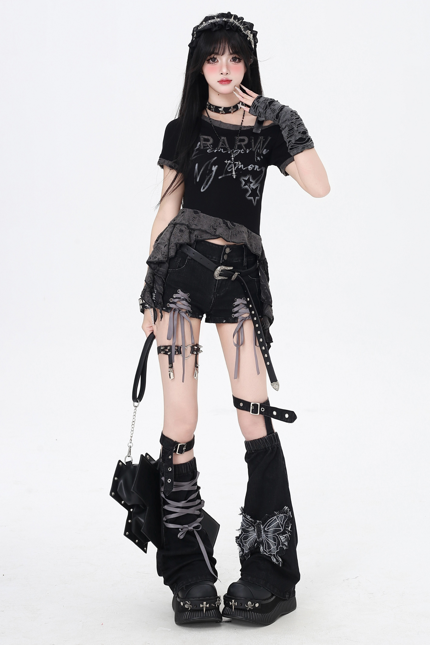 shorts Colored ribbon denim lace-up