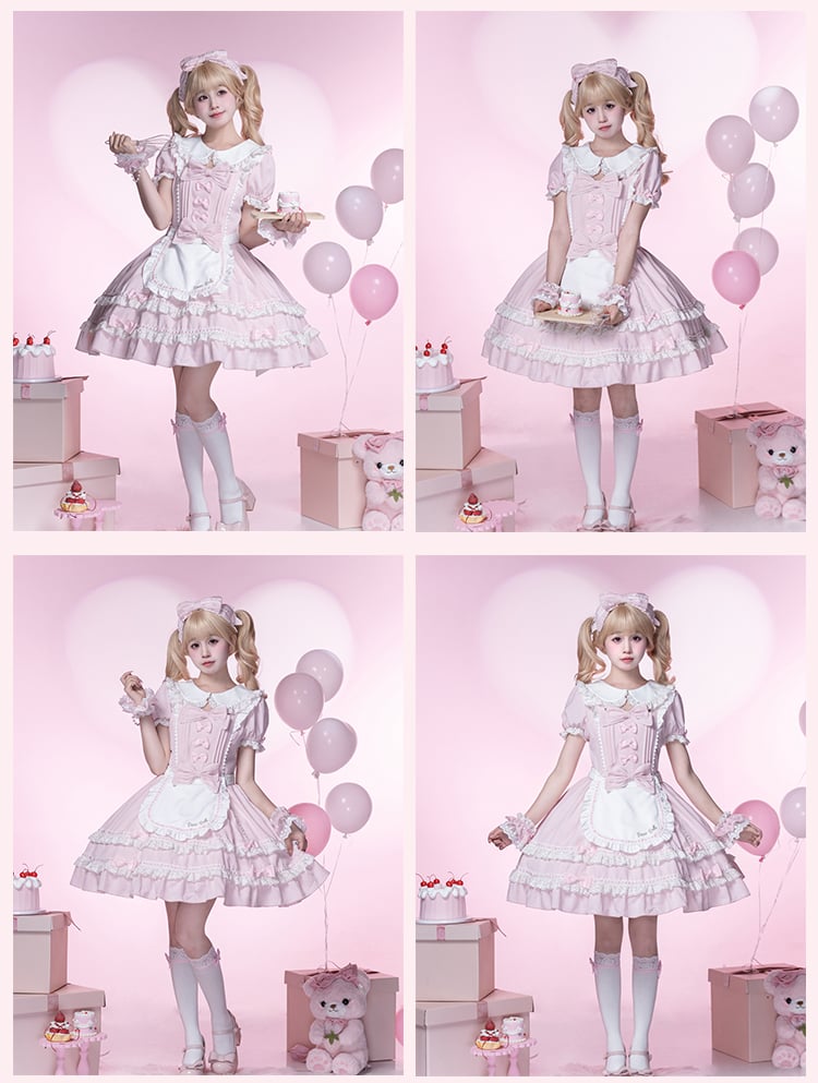 Lolita Dress Piece Accents School Pink Peter Pan Collar Bowknot Light Old One