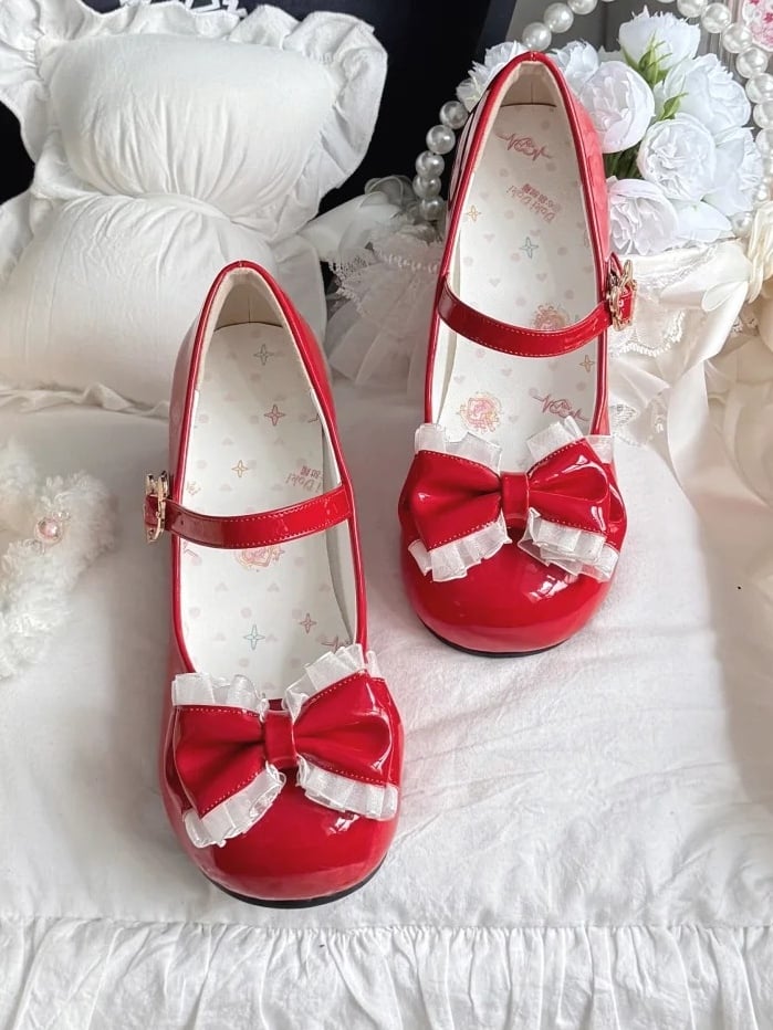 in Details PU at Lolita Red Lace Top Shoes with Mid-heel Sweet Bow