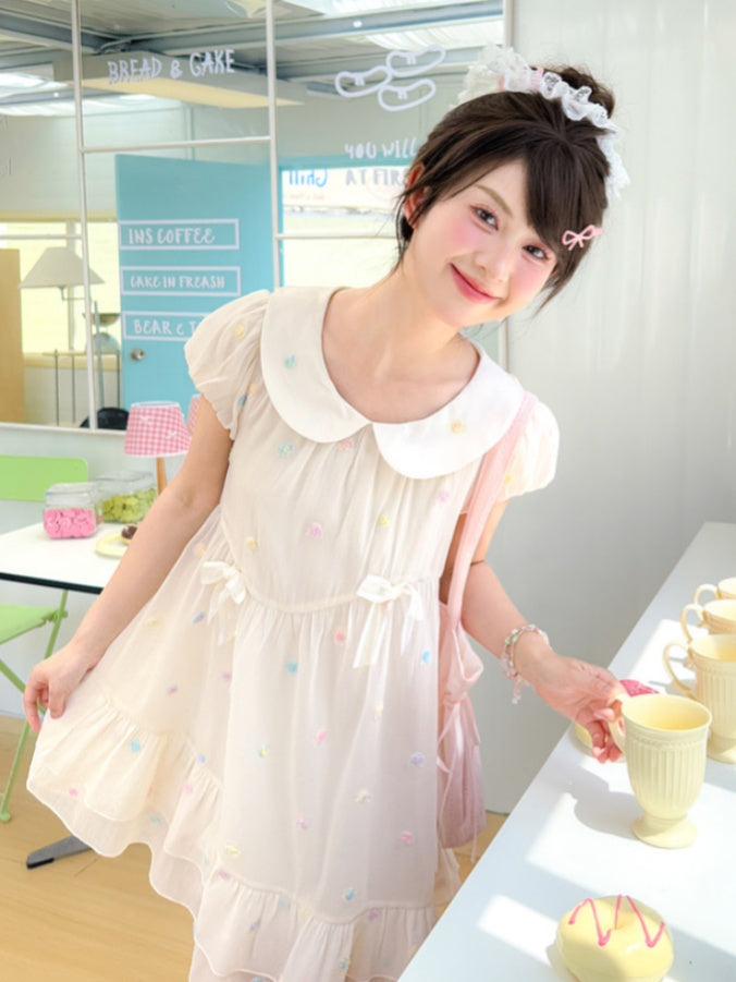 Pattern Colorful Polka-dot White Peter Pan Collar Puff Sleeves Chiffon Dress