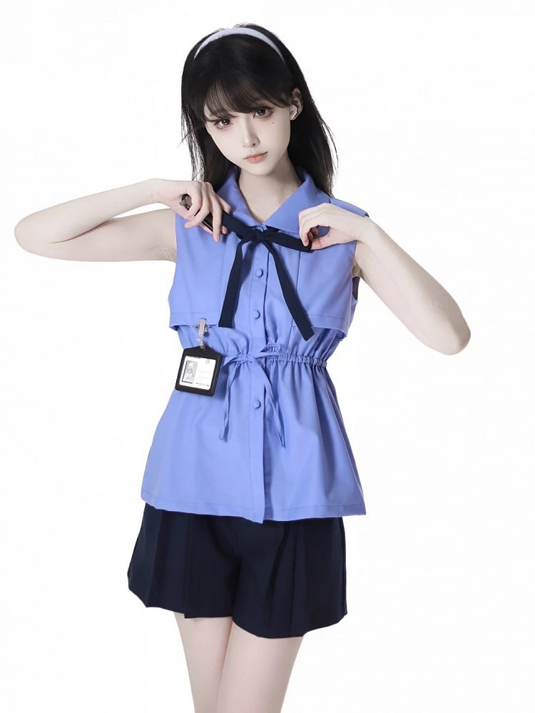 Navy Blue Box Pleat Shorts with Buckle Belt