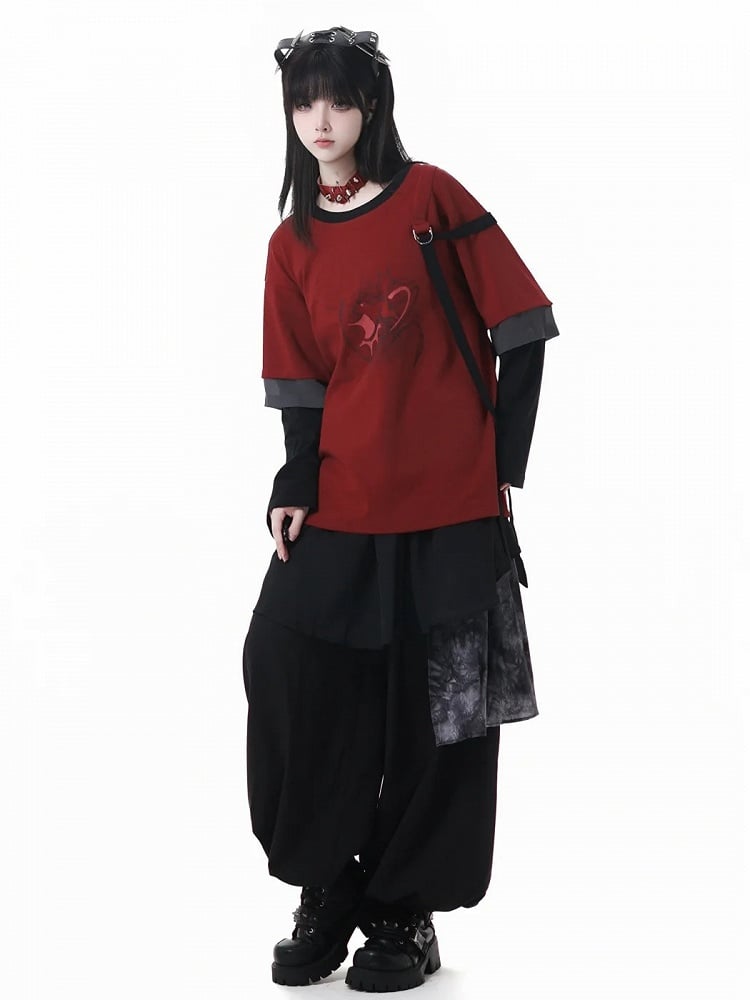 Graphic Top with Detachable Sleeves Style Black Cheongsam Red and