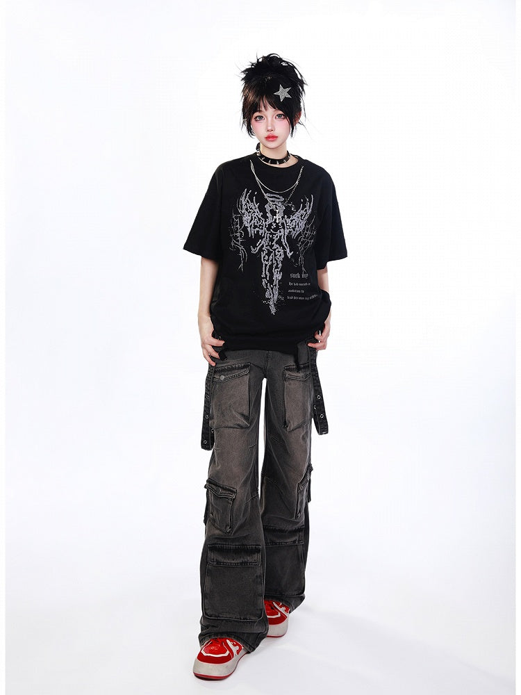 White/Black Distressed T-Shirt with Angelic Outline and Detachable Chain Cross