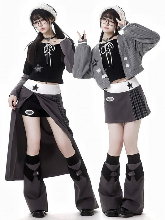 グレーパープルのスターアップリケ付き太もも丈スリット入りチェック柄ロングスカート