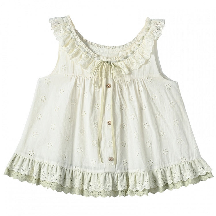 Neckline Tank Top Self-tie Flutter Sleeves Tiered at Strap Green with Ruffles Cutton